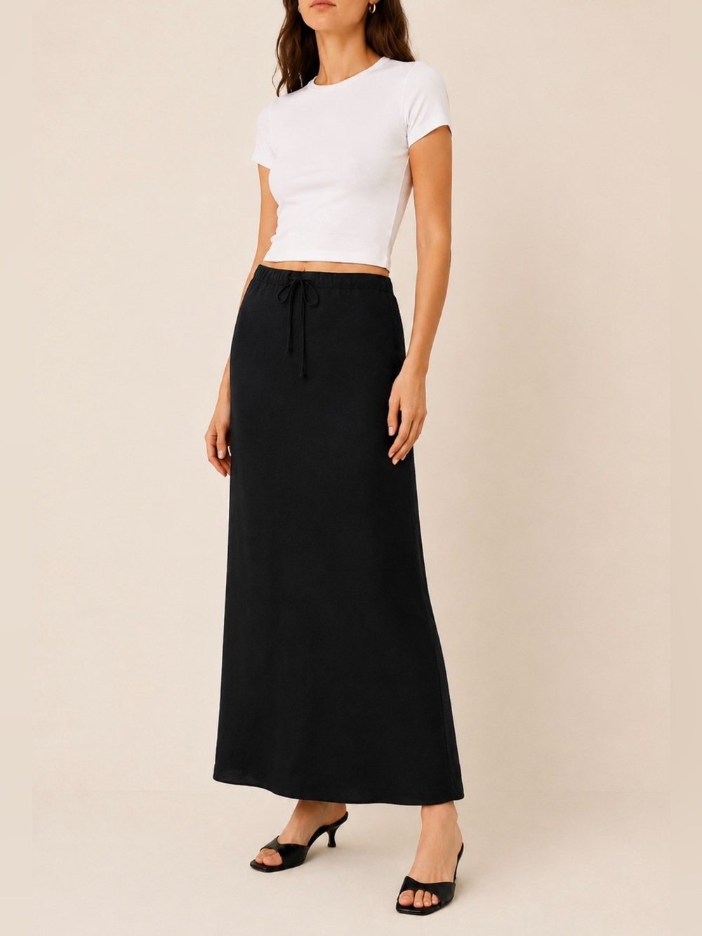 Black 100% Black Linen Drawstring Waist A-Line Maxi Skirt 6 Warehouse